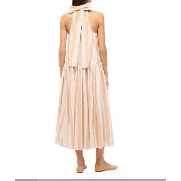 NWT Staud Marlowe Striped Halter Tie Neck Sleeveless Midi Dress Tan White Small - Picture 2 of 10